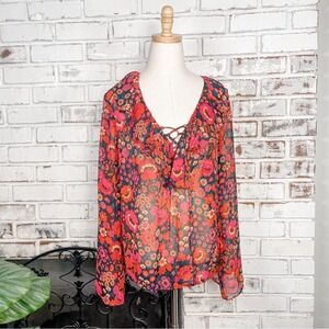 New York & Co Sheer Red & Pink Floral with Metallic Thread Flare Sleeve Blouse
